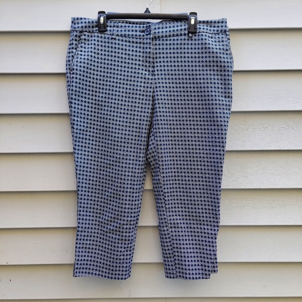 Hilary Radley Black Turquoise Print Capri Ankle Stretch Pants Size 16 comfy Gift